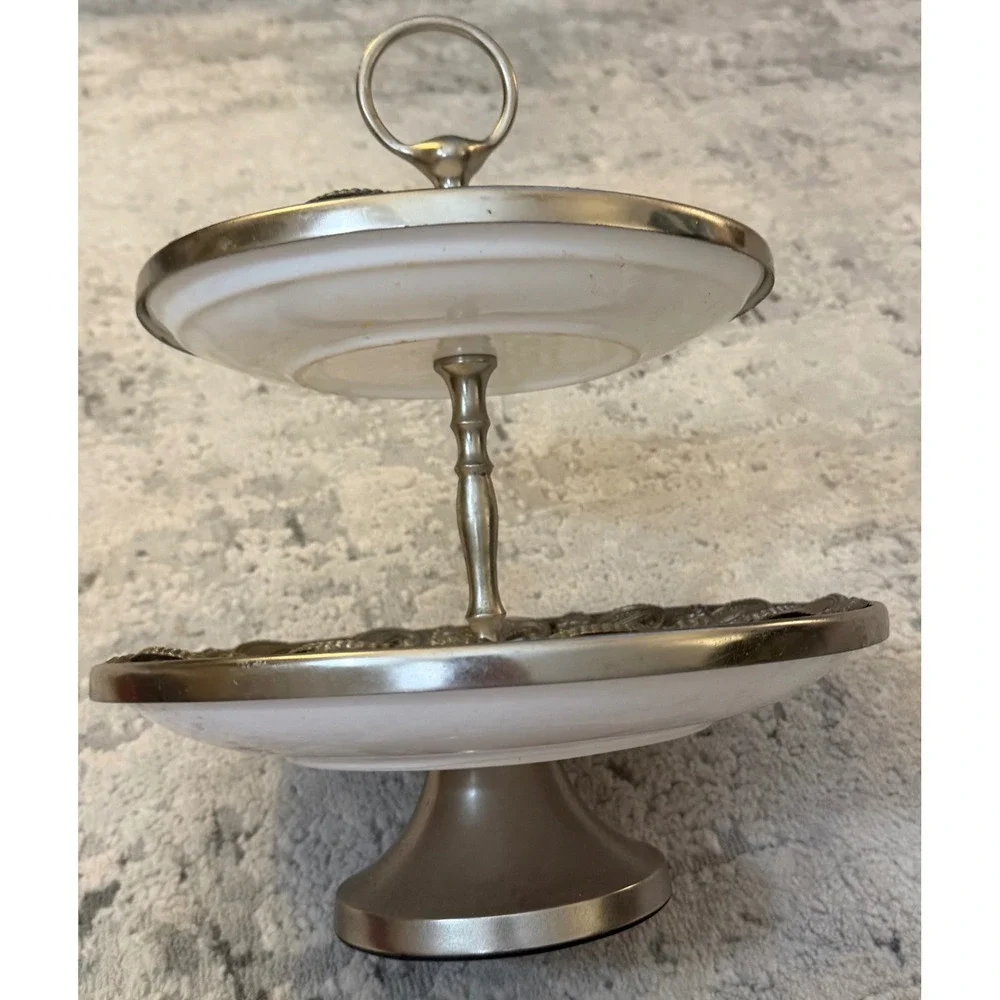 Vintage 2 Tier Dessert Stand Silver Filigree White Milk Glass Serving Tray
